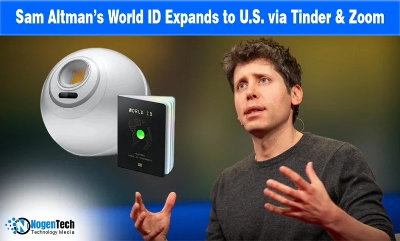 World ID logo alongside Tinder and Zoom icons on a blue digital background.