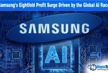 Samsung logo and AI chip on a blue circuit board background for a news report.