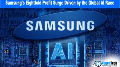 Samsung logo and AI chip on a blue circuit board background for a news report.