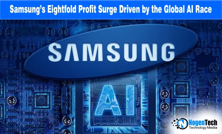 Samsung logo and AI chip on a blue circuit board background for a news report.