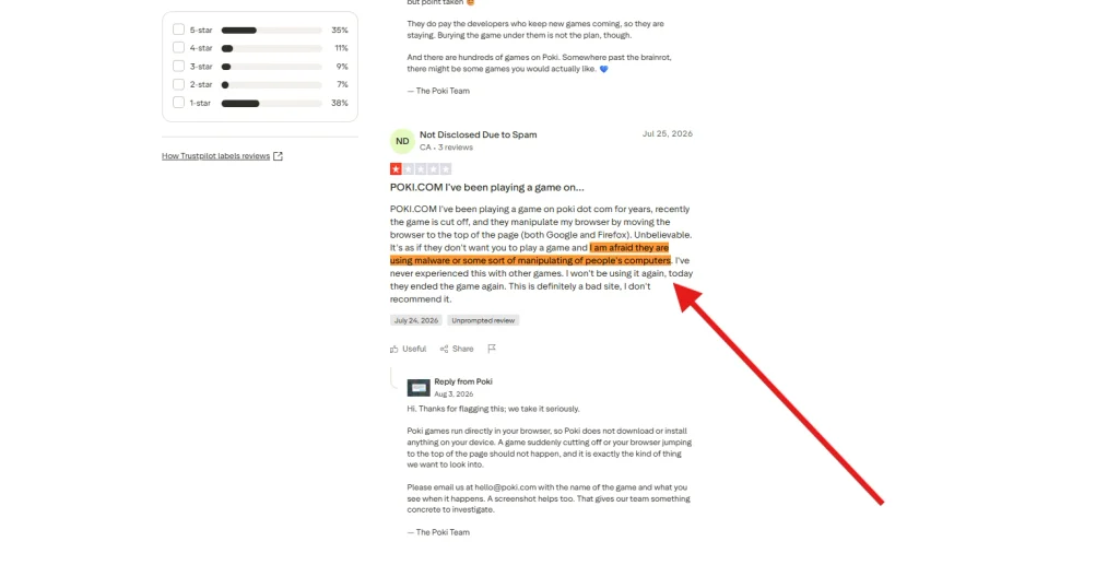 Screenshot of a Poki user review and Poki's response | Source: Trustpilot