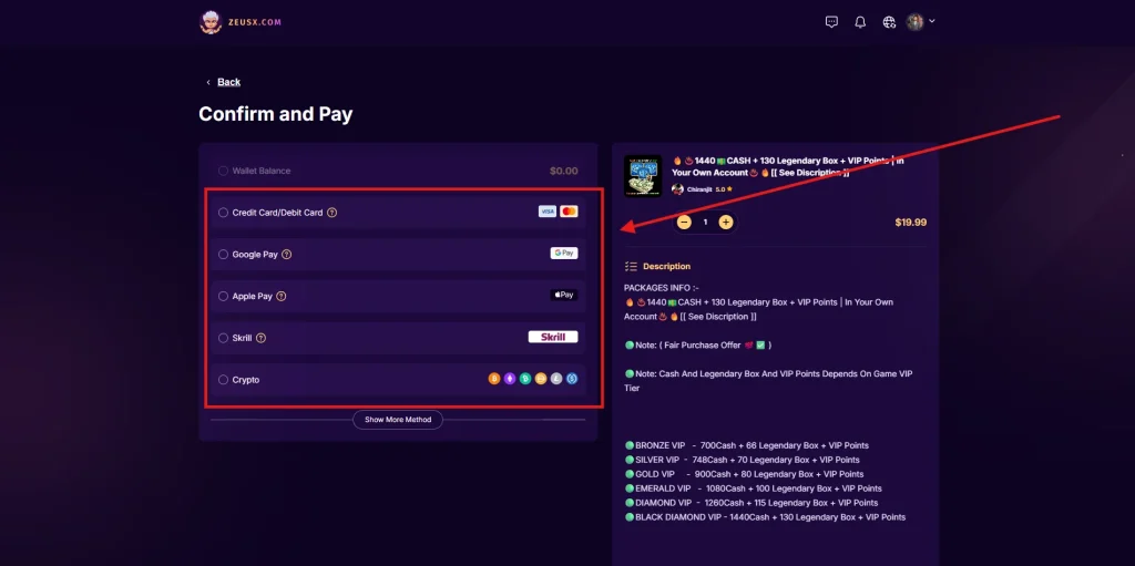 Screenshot of payment methods available on ZeusX