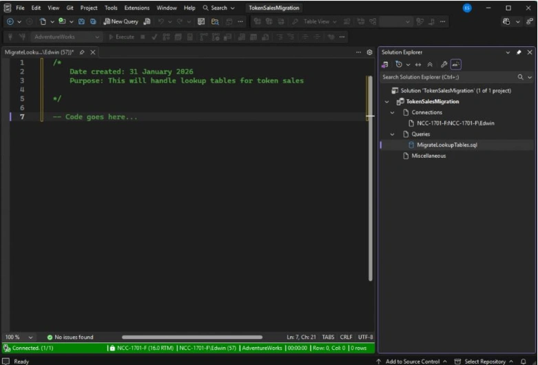 See a sample solution with a scripting project below. An open SQL file for a new script is also shown.