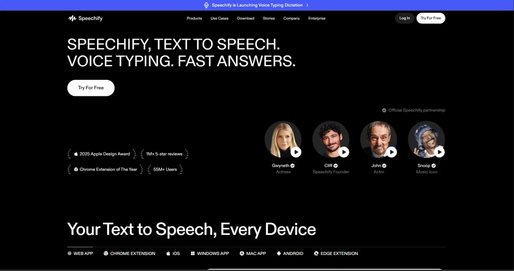 The Speechify Text to Speech homepage featuring high-profile celebrity voice options. Circular avatars of Gwyneth Paltrow, Snoop Dogg, and others are displayed as official partnerships. The page highlights their "2025 Apple Design Award" and compatibility across Web, iOS, and Android.