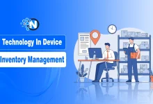 Illustration of device inventory management showing office workers using technology to track and manage equipment.
