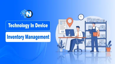 Illustration of device inventory management showing office workers using technology to track and manage equipment.