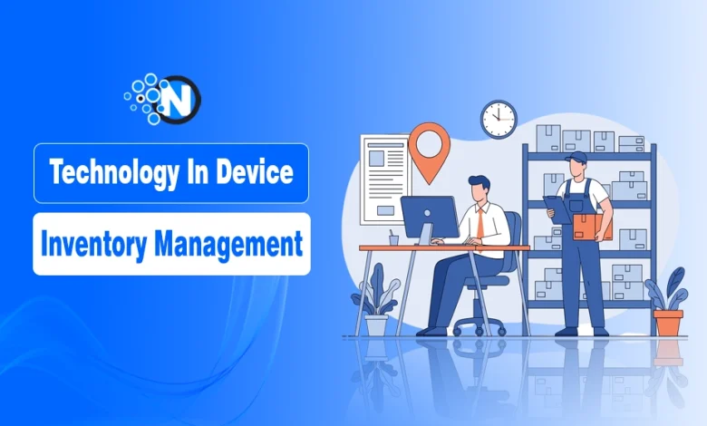 Illustration of device inventory management showing office workers using technology to track and manage equipment.