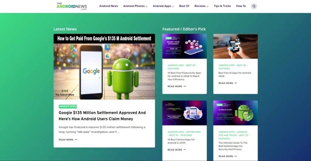 The Android News home page screenshot by NogenTech