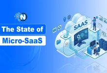 The State of Micro-SaaS 2026 illustration showing cloud-based SaaS platform with developers and analytics dashboard