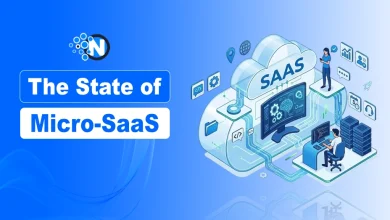 The State of Micro-SaaS 2026 illustration showing cloud-based SaaS platform with developers and analytics dashboard