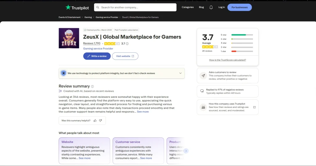 screenshot of Trustpilot ratings about ZeusX by NogenTech