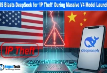 Graphic representing the US and China AI conflict with DeepSeek V4 logo and IP theft warning.