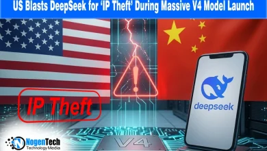 Graphic representing the US and China AI conflict with DeepSeek V4 logo and IP theft warning.
