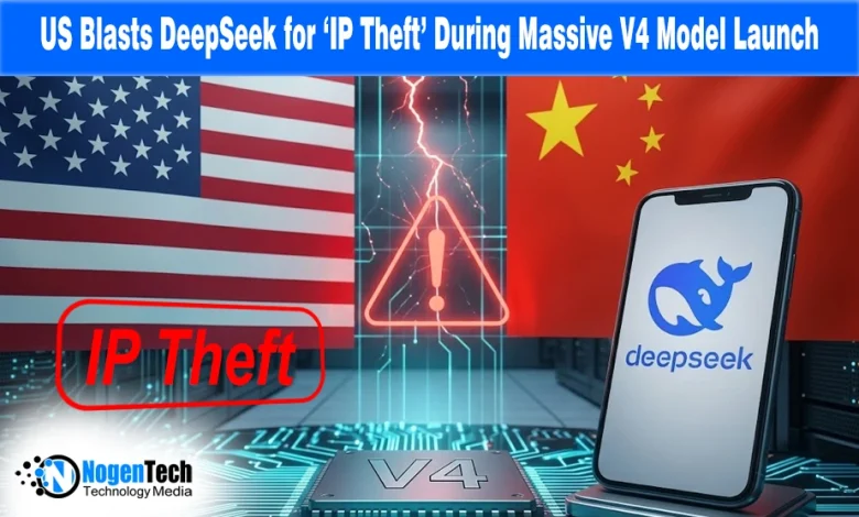 Graphic representing the US and China AI conflict with DeepSeek V4 logo and IP theft warning.