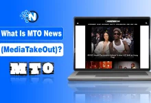 Blue themed featured image showing “What Is MTO News (MediaTakeOut)?” text alongside a laptop displaying the MTO News website homepage with celebrity entertainment content.