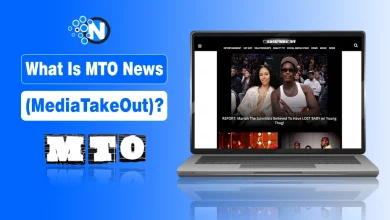 Blue themed featured image showing “What Is MTO News (MediaTakeOut)?” text alongside a laptop displaying the MTO News website homepage with celebrity entertainment content.