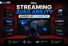A person watching a world map on a TV surrounded by geolocated streaming app icons on a media guide banner for nogentech.org.