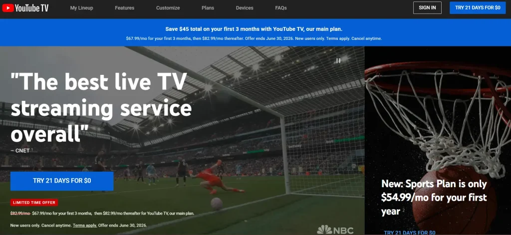 Screenshot of the YouTube TV