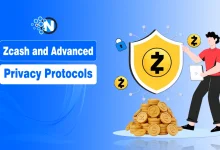 Zcash cryptocurrency concept showing secure private transactions with blockchain network and shielded data visualization