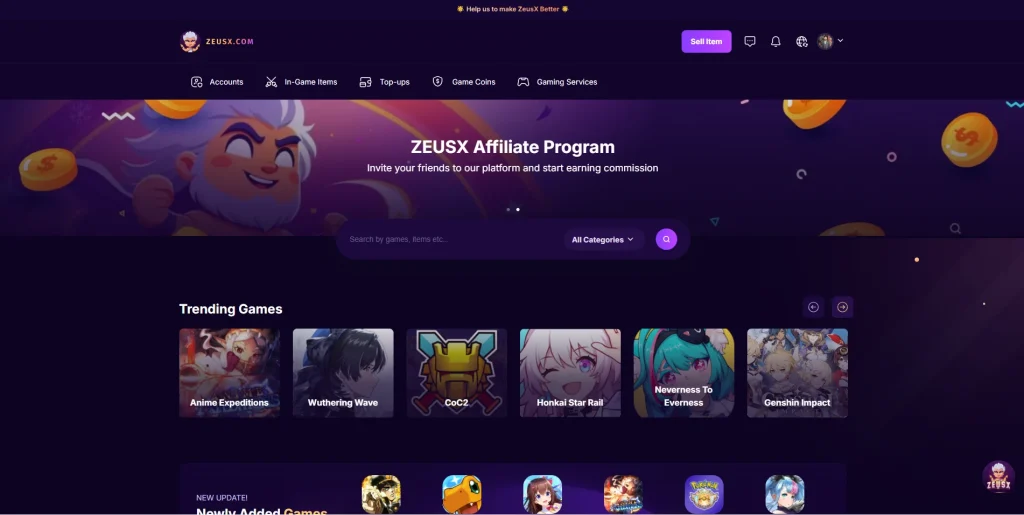Screenshot of ZeusX logged in