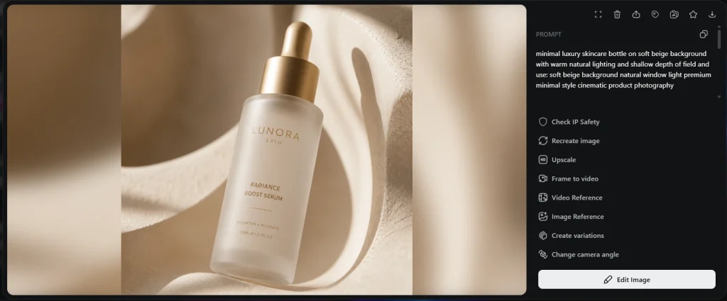 “Luxury skincare bottle on a soft beige studio background, natural window lighting, minimal premium aesthetic, shallow depth of field, square Instagram format.”