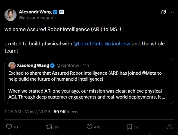 Alexandr Wang welcomed the team on X post screenshot