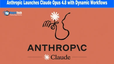 Anthropic Claude Opus 4.8 launch banner with NogenTech logo showing dynamic workflows network.
