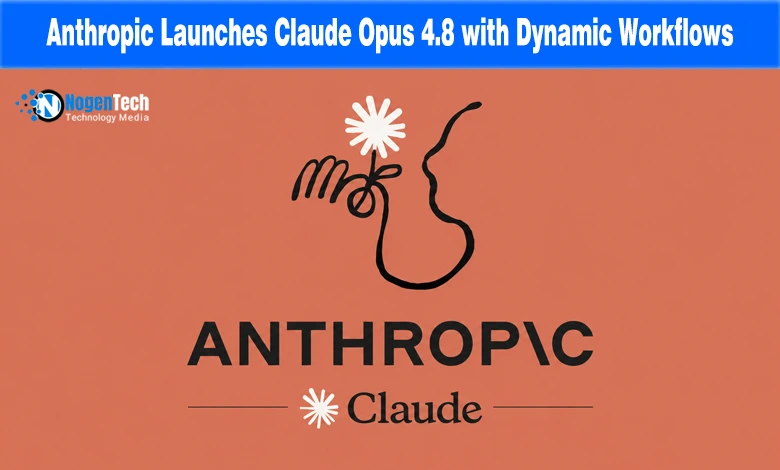 Anthropic Claude Opus 4.8 launch banner with NogenTech logo showing dynamic workflows network.