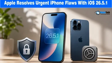 Apple iOS 26.5.1 security update banner for NogenTech showing iPhones and a security shield.