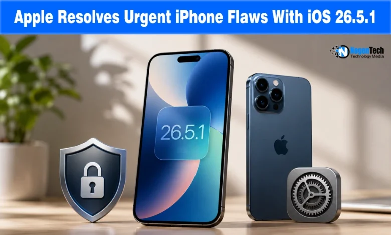 Apple iOS 26.5.1 security update banner for NogenTech showing iPhones and a security shield.