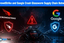 Shattered glass worm digital graphic next to CrowdStrike and Google logos on a cyber defense banner for nogentech.org.