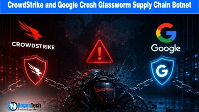 Shattered glass worm digital graphic next to CrowdStrike and Google logos on a cyber defense banner for nogentech.org.