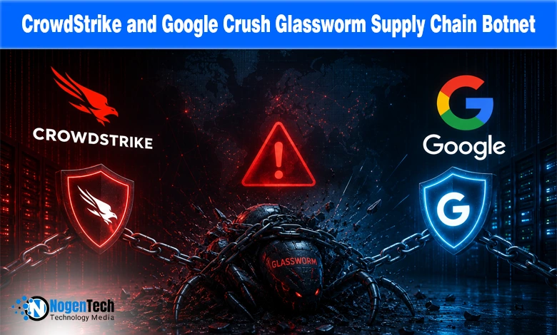 Shattered glass worm digital graphic next to CrowdStrike and Google logos on a cyber defense banner for nogentech.org.