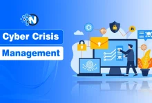 Flat-style professional illustration on a blue gradient background featuring a person managing digital security icons, data servers, and locks, with the text "Cyber Crisis Management