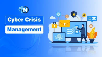 Flat-style professional illustration on a blue gradient background featuring a person managing digital security icons, data servers, and locks, with the text "Cyber Crisis Management