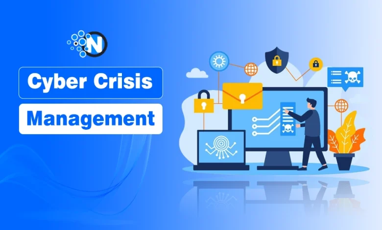 Flat-style professional illustration on a blue gradient background featuring a person managing digital security icons, data servers, and locks, with the text "Cyber Crisis Management