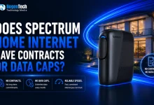Spectrum home internet contracts and data caps featured banner showing a Spectrum router and modern house at night.