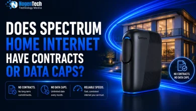 Spectrum home internet contracts and data caps featured banner showing a Spectrum router and modern house at night.