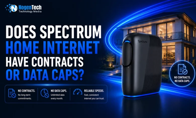 Spectrum home internet contracts and data caps featured banner showing a Spectrum router and modern house at night.