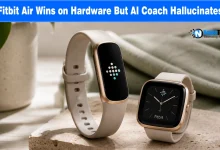 Fitbit Air tracker and square smartwatch on a stone surface against a minimalist background on a review banner for nogentech.org.
