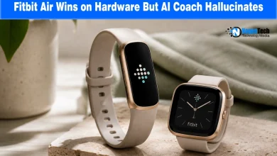 Fitbit Air tracker and square smartwatch on a stone surface against a minimalist background on a review banner for nogentech.org.