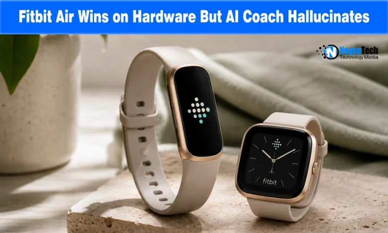 Fitbit Air tracker and square smartwatch on a stone surface against a minimalist background on a review banner for nogentech.org.