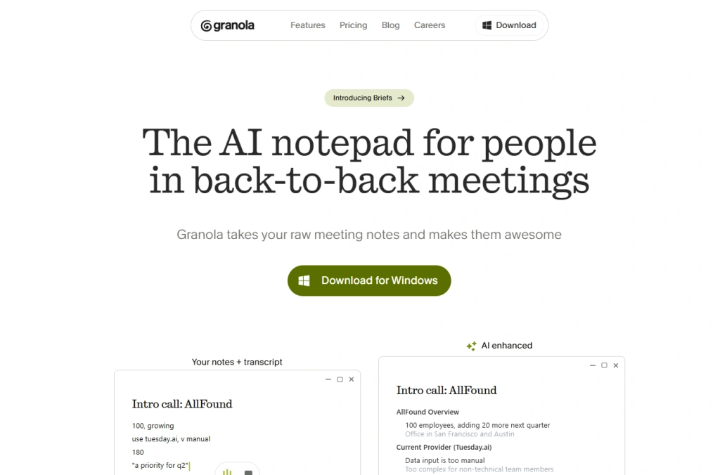 Screenshot of Granola homepage by NogenTech