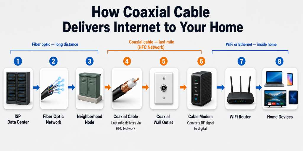 Image showing the steps for coaxial cable delivers internet to home devices by nogenTech
