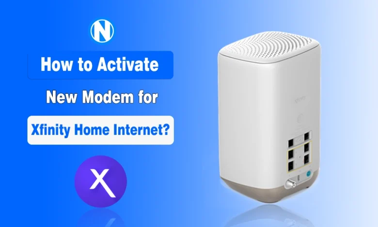 A white Xfinity modem and activation text on a blue instructional banner.