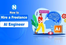 How to hire a freelance AI engineer illustration with AI brain, developer, and technology elements.