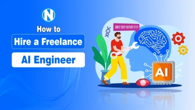 How to hire a freelance AI engineer illustration with AI brain, developer, and technology elements.