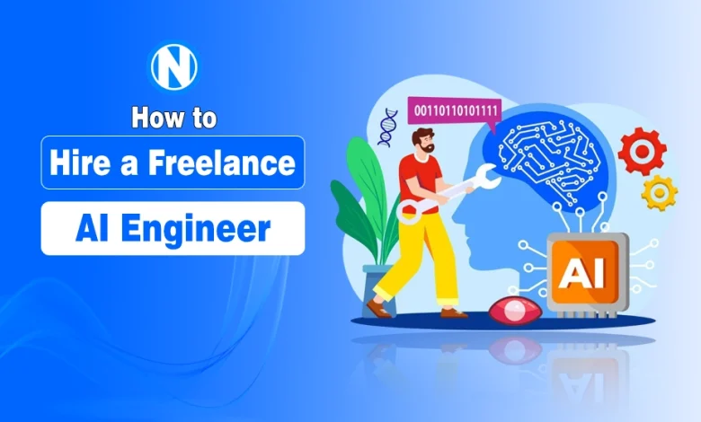 How to hire a freelance AI engineer illustration with AI brain, developer, and technology elements.