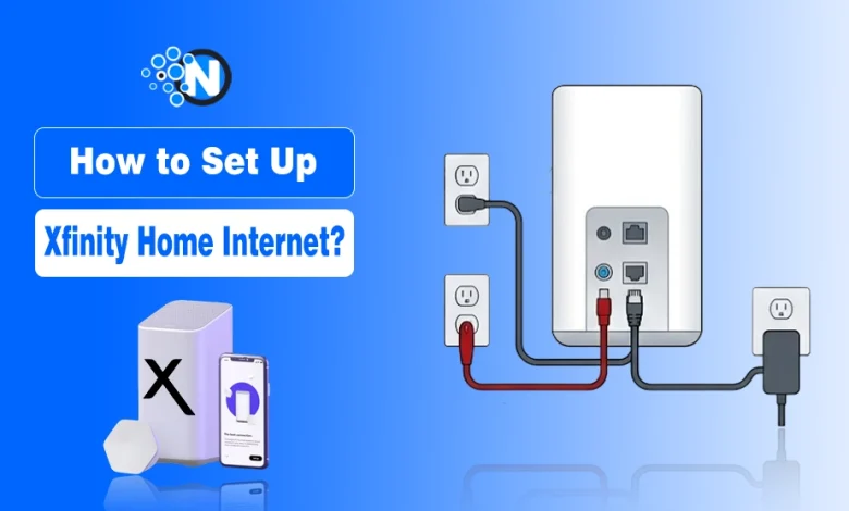 Diagram showing how to connect an Xfinity gateway to wall power and coax outlets for home internet setup.