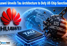 Huawei company logo alongside a glowing 3D computer processor chip diagram on a tech news banner for nogentech.org.